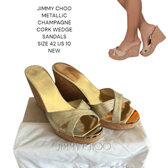 JIMMY CHOO METALLIC CHAMPAGNE SLIP ON CORK SANDAL WEDGES SIZE 42 US 10-10.5 NIB